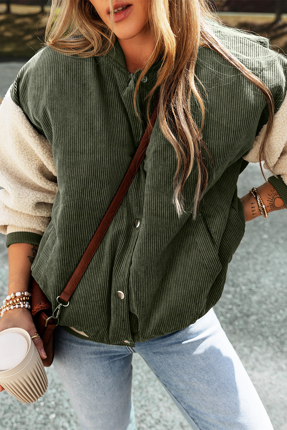 Colorblock Corduroy Fleece Patchwork Button-Up Bomber Jacket