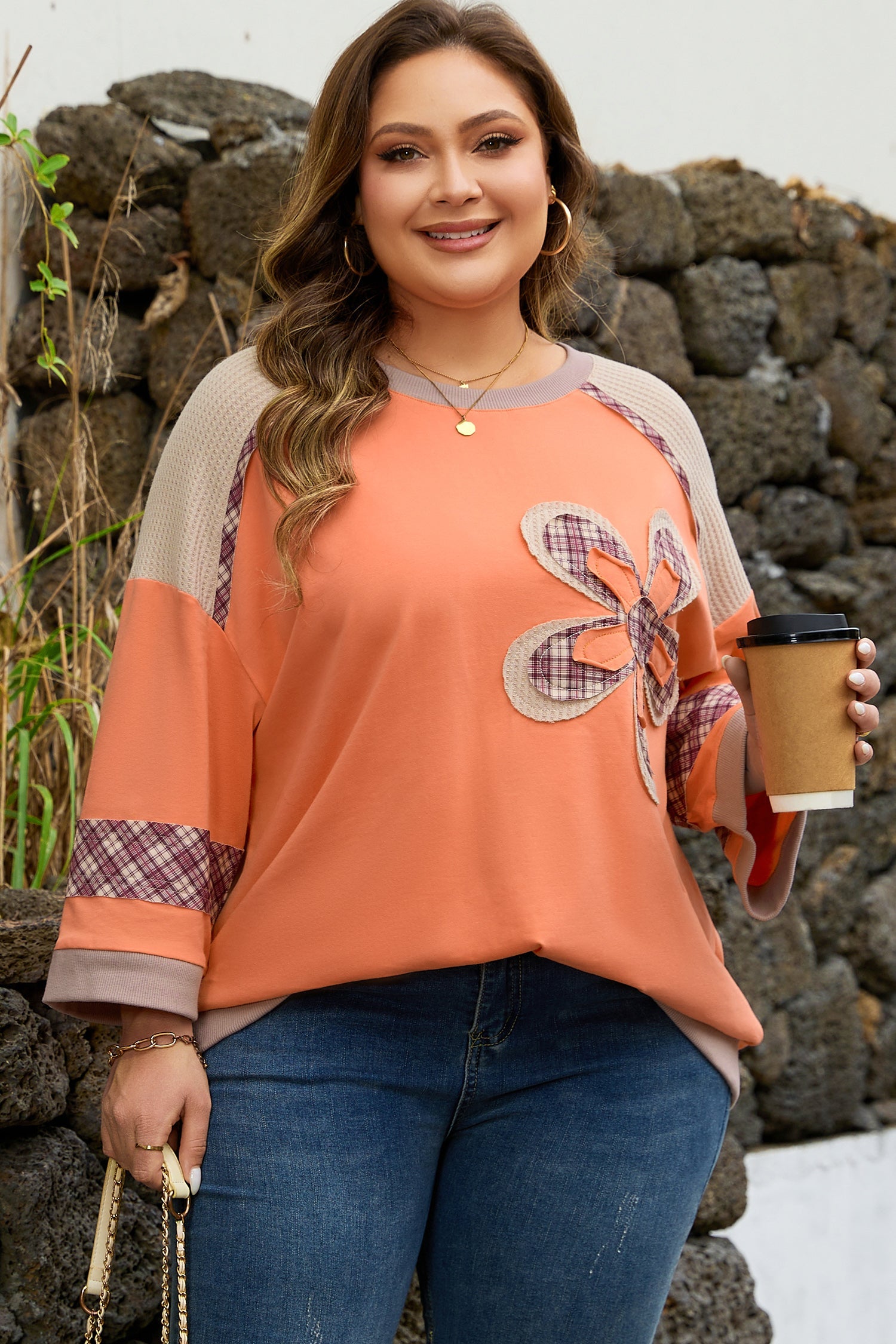 Plus Size Plaid Flower Patchwork 3/4 Sleeve Top