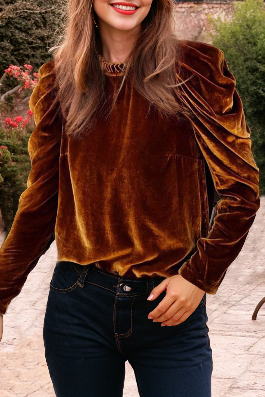 Velvet Frilled Neck Puff Sleeve Top