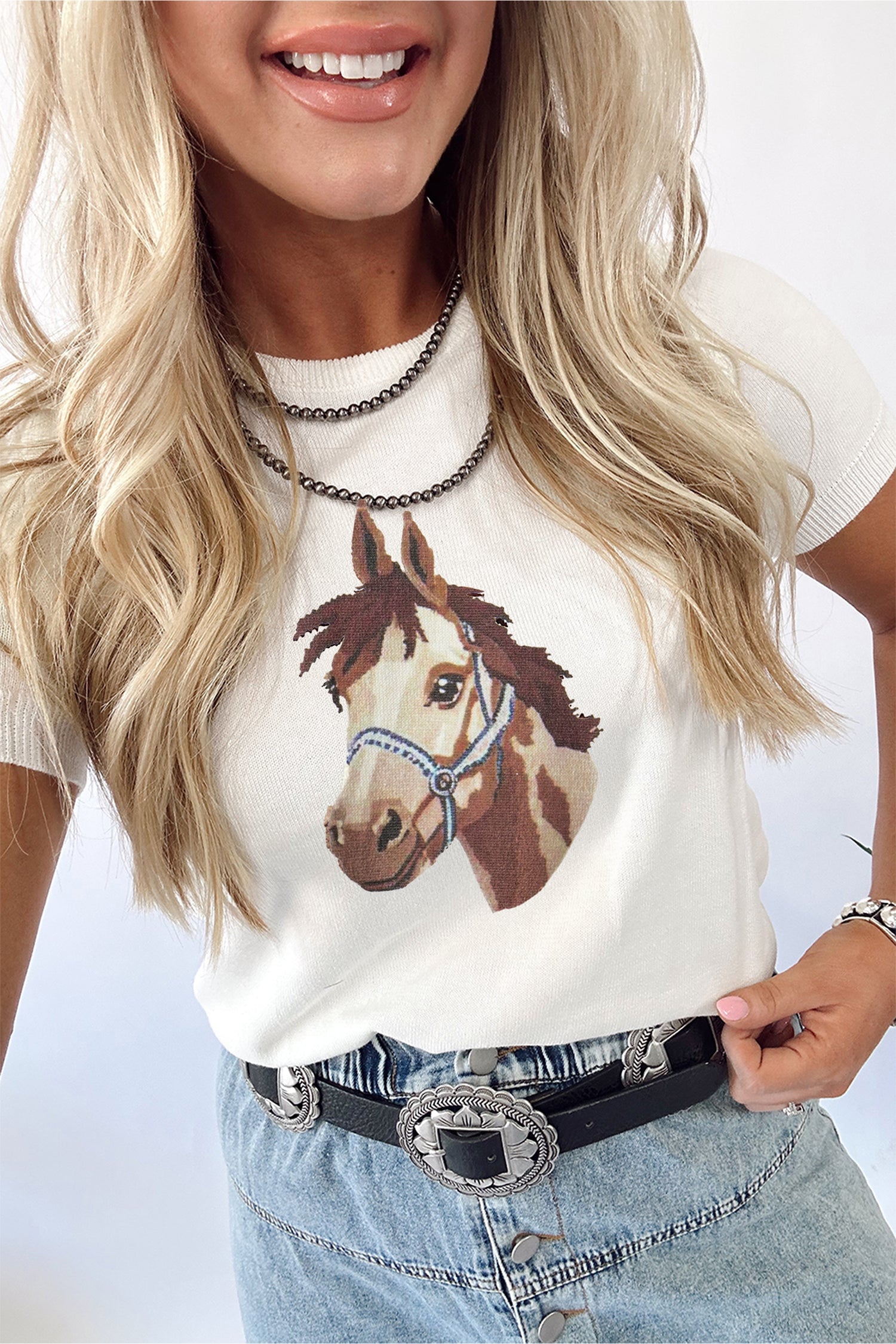 Western Horse Head Short Sleeve Sweater