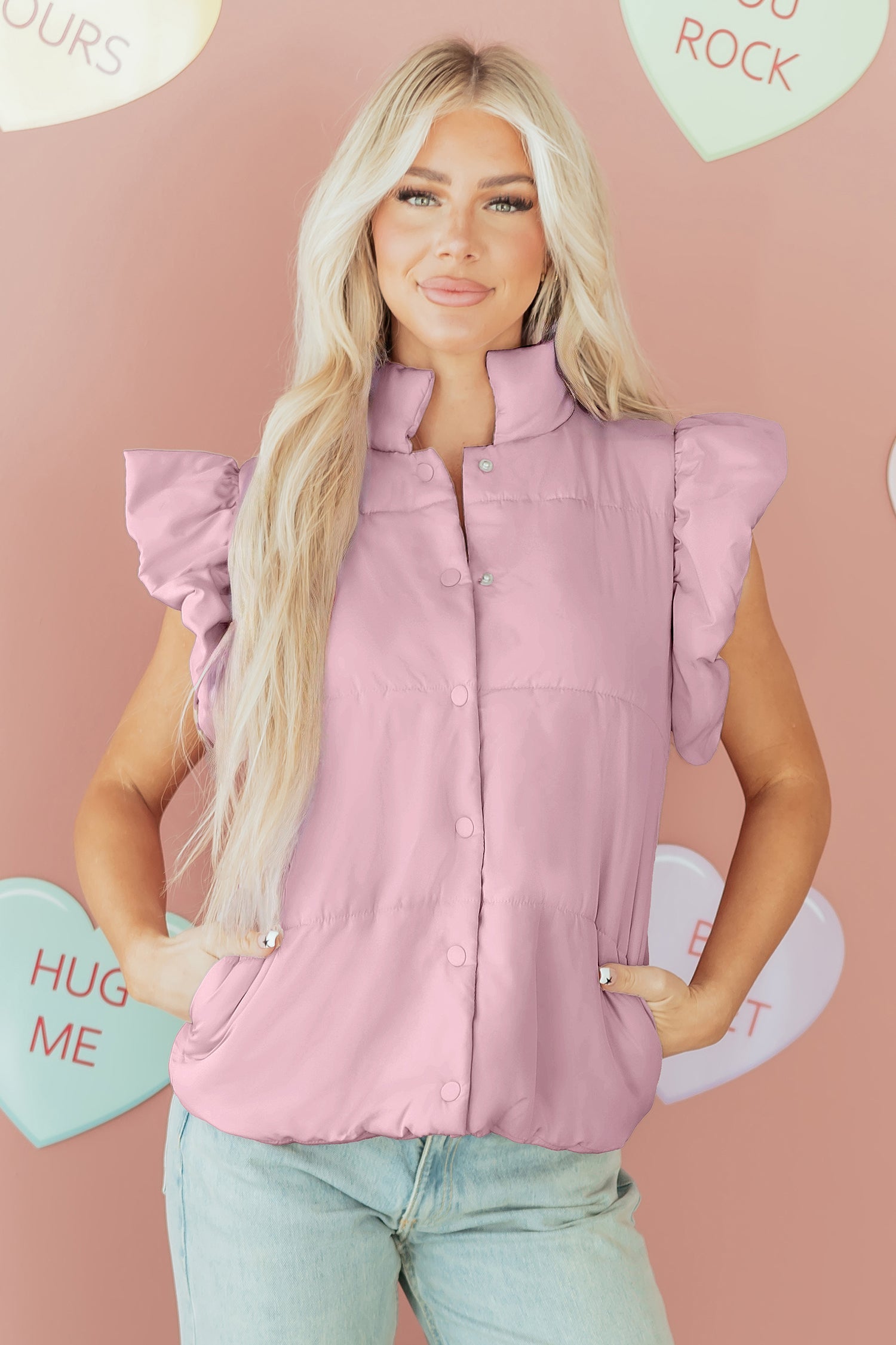 Solid Flutter Sleeve Snap Button Puffer Vest