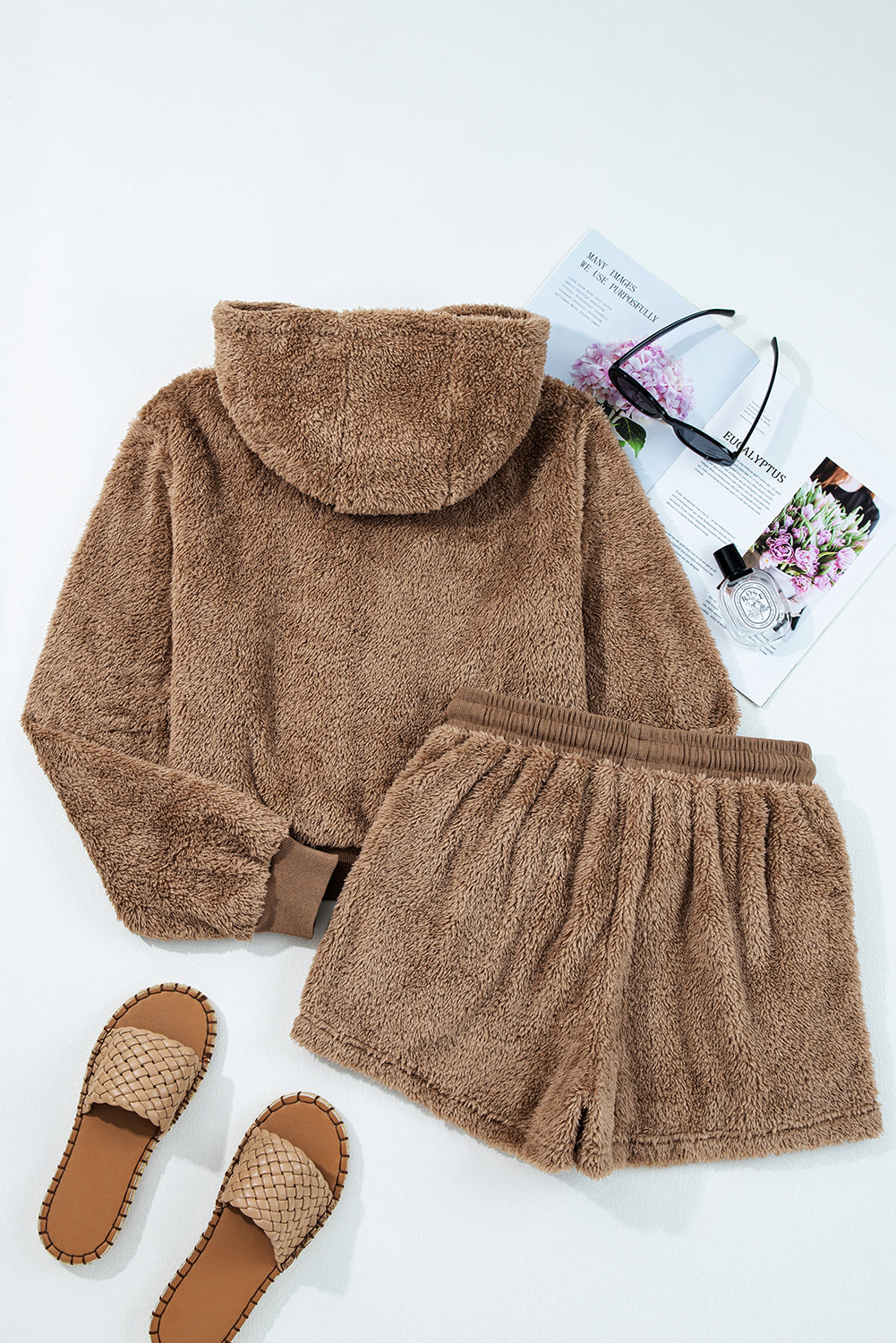 Sherpa Zip-Up Hoodie and Drawstring Shorts Set