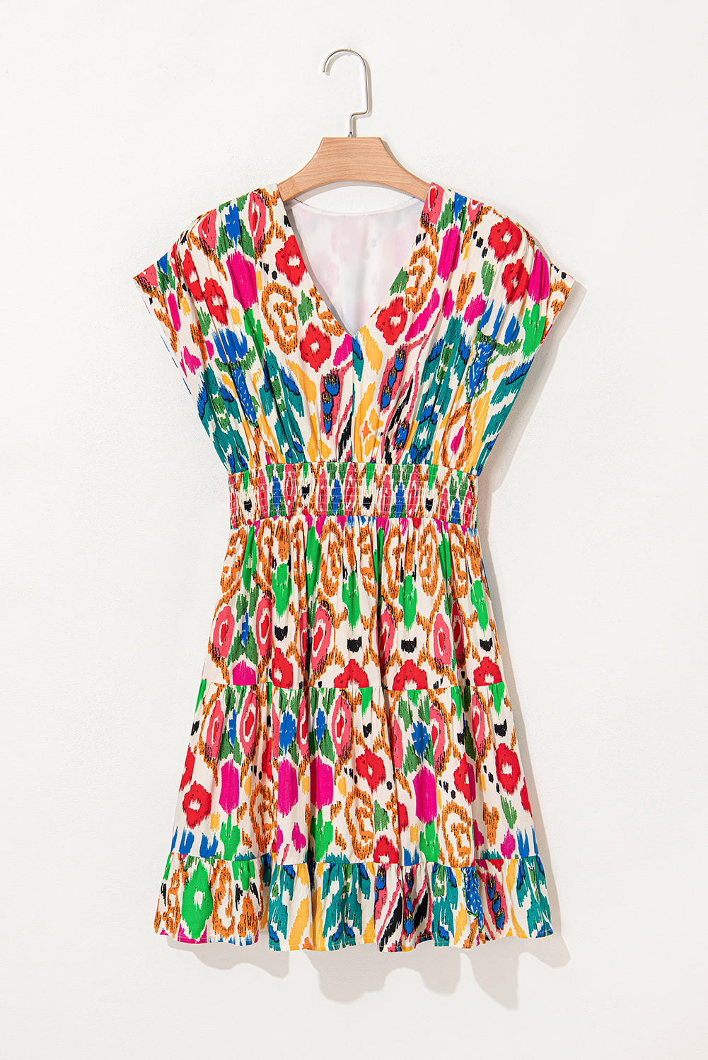 Abstract V-Neck Dolman Sleeve Ruffle Tiered Mini Dress