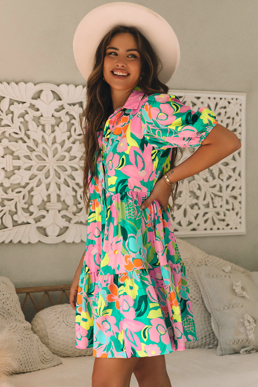 Floral Puff Sleeve Buttoned Collar Babydoll Dress