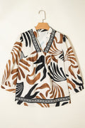 Abstract V-Neck Puff Sleeve Blouse