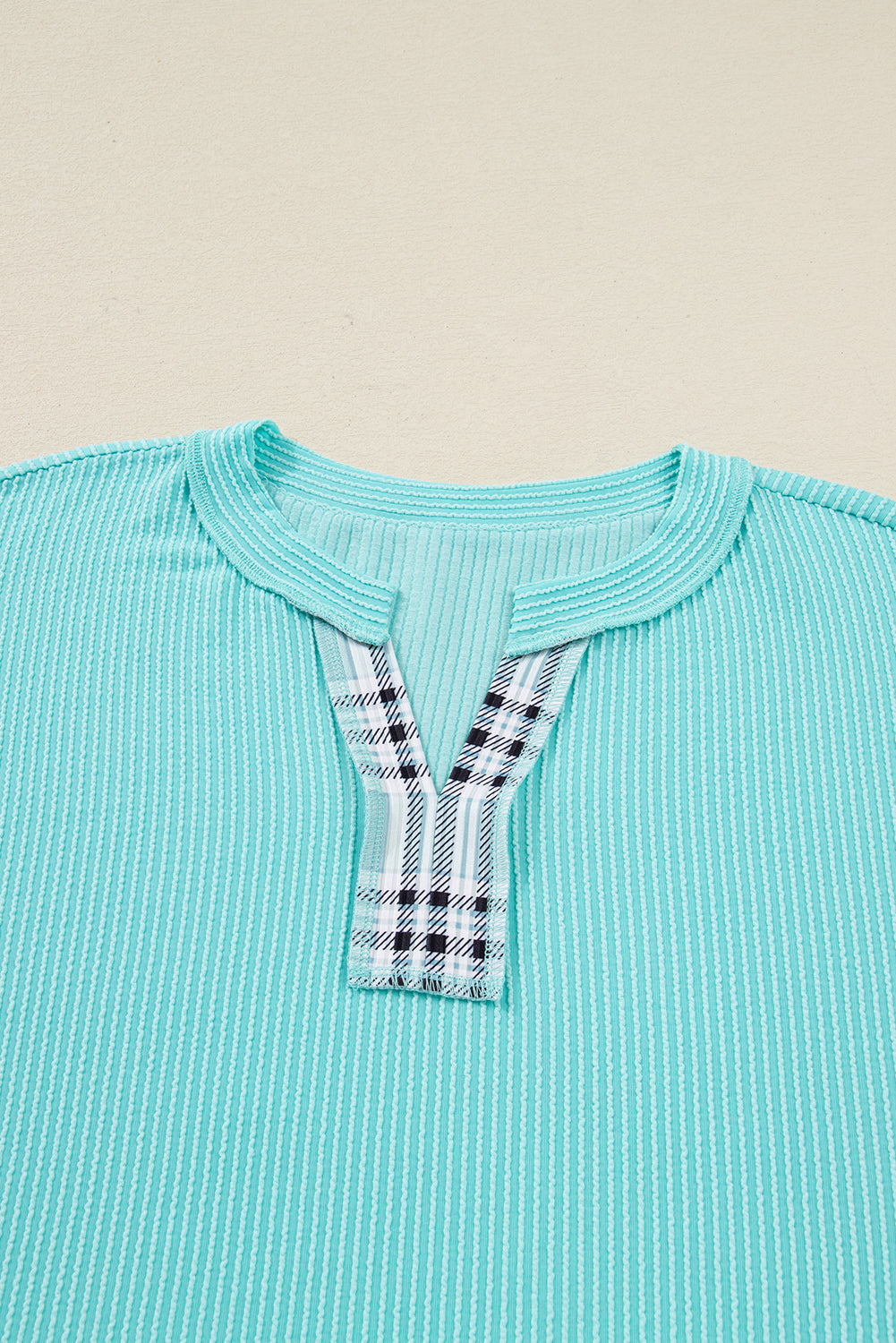 Plus Size Plaid Patchwork Corded Knit Long Sleeve Top