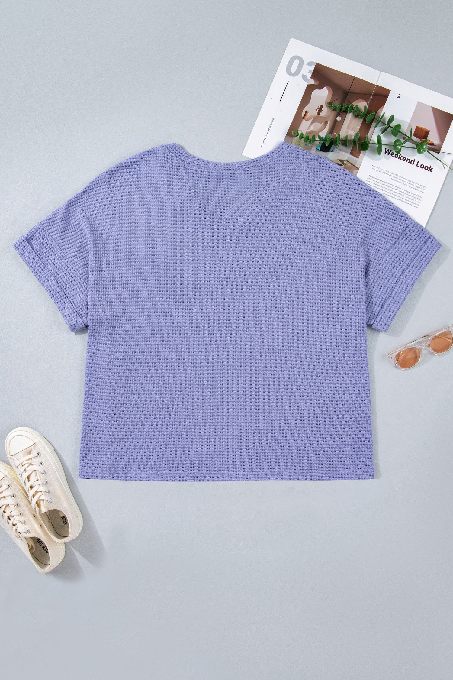Plus Size Solid Waffle Knit V-Neck Short Sleeve Top