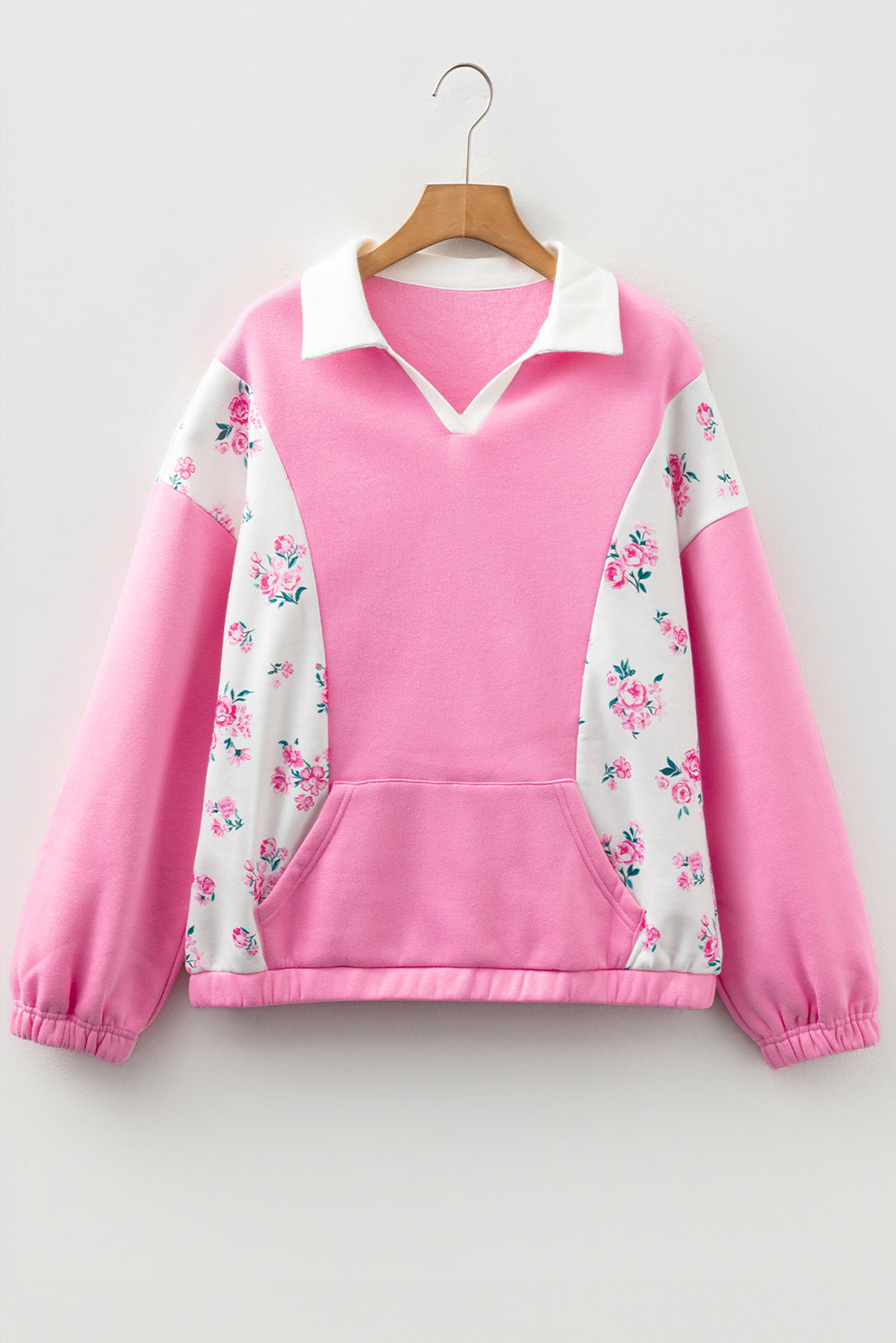 Floral Colorblock Patchwork Puff Sleeve Collared Top