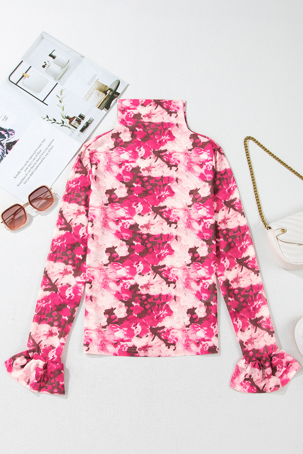 Floral Mesh Flounce Sleeve Mock Neck Blouse