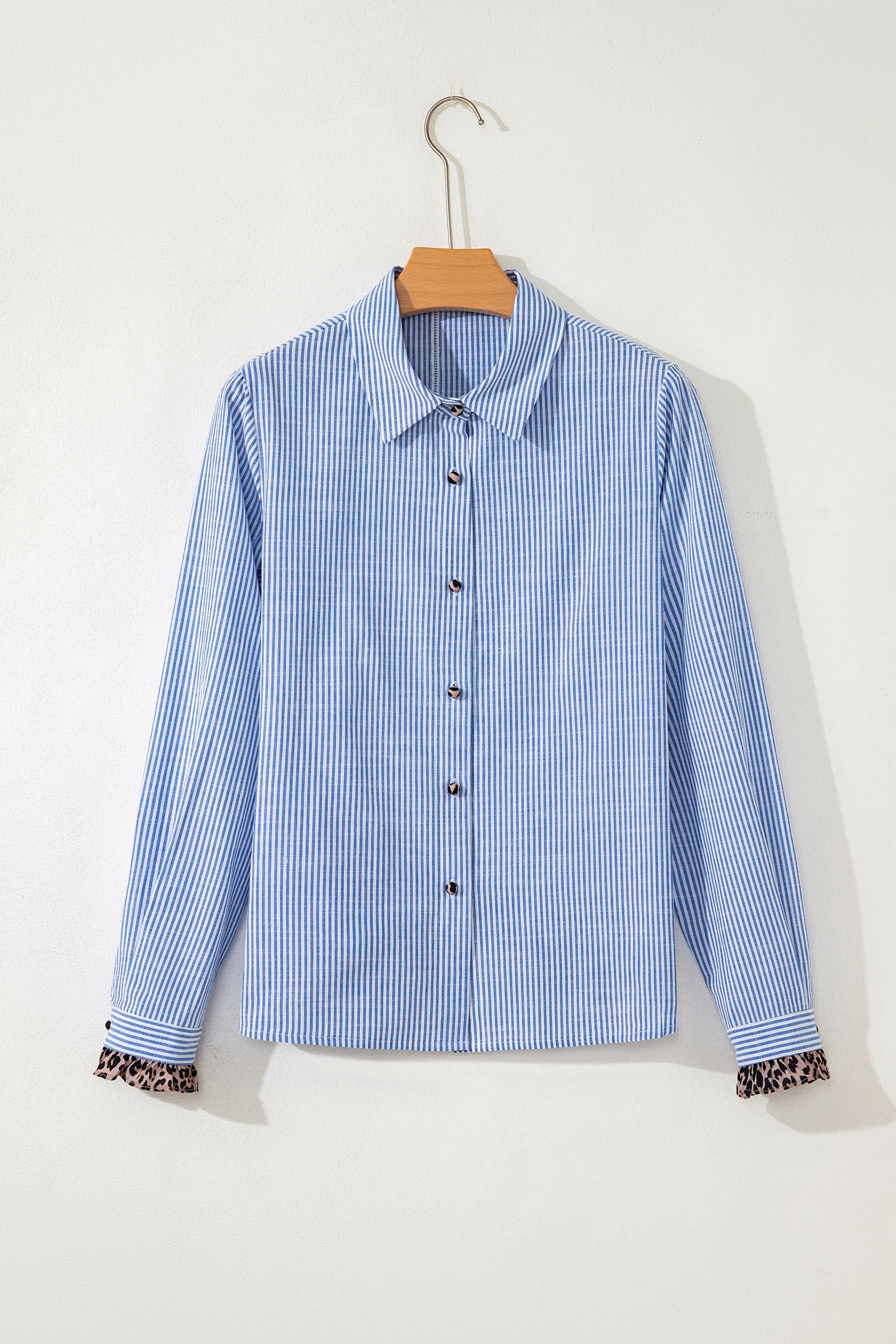 Stripe Leopard Ruffle Long Sleeve Buttoned Shirt