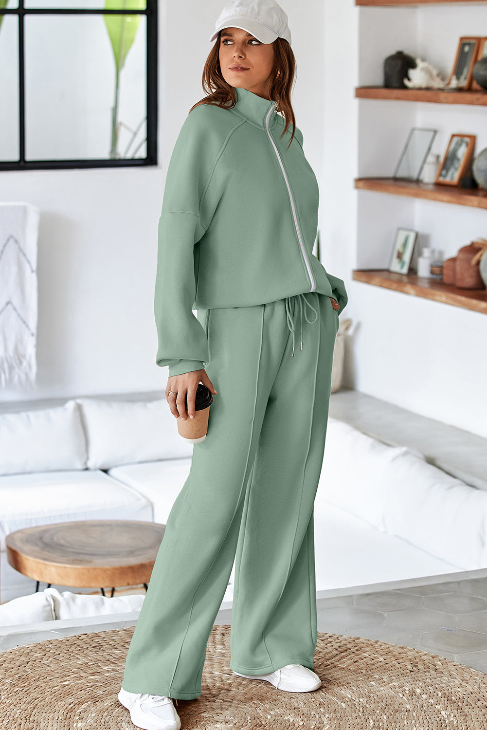 Solid Zip-Up Jacket and Drawstring Pants Set