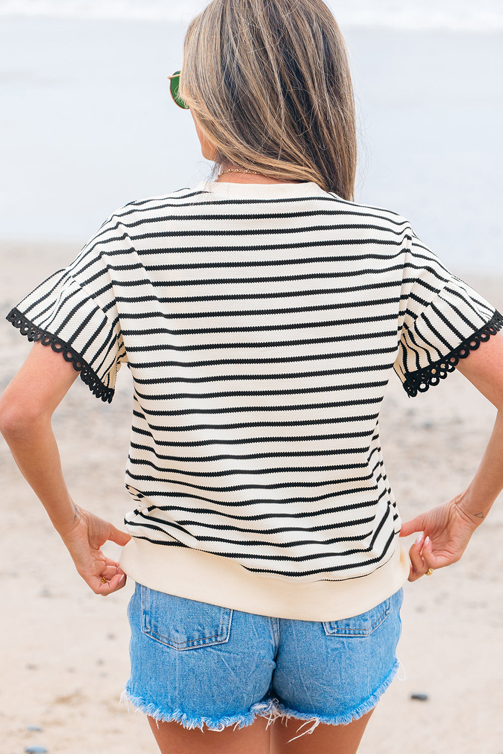Stripe Scallop Lace Trim Ruffle Short Sleeve Top
