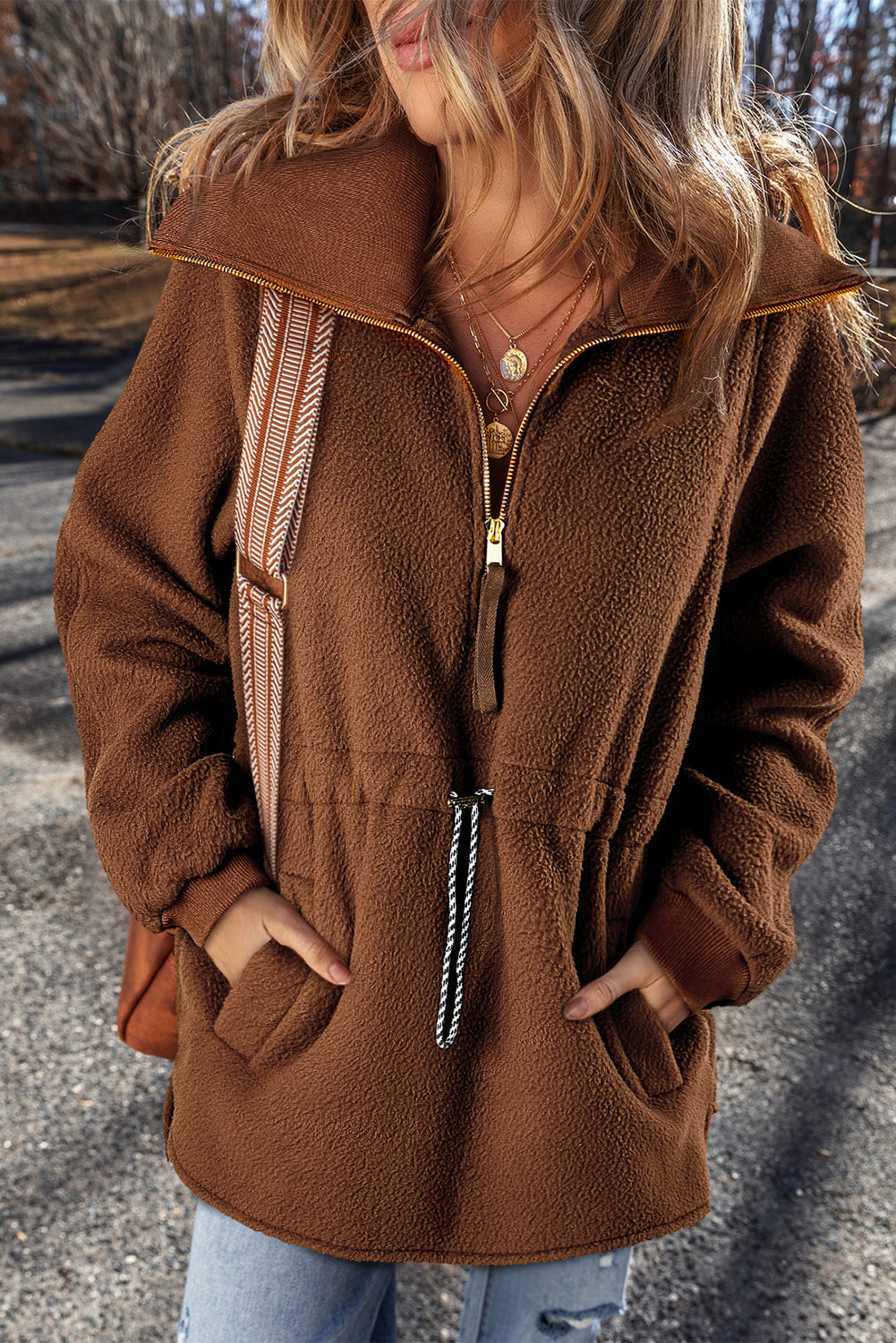 Solid Half-Zip Fleece Pocketed Sweatshirt