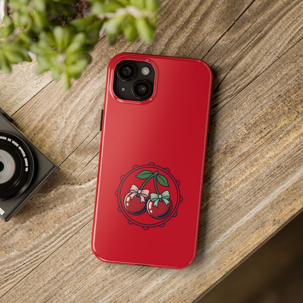 Cherry Blossom Tough Phone Case — Protective Red Phone Cover with Floral Cherry Graphic