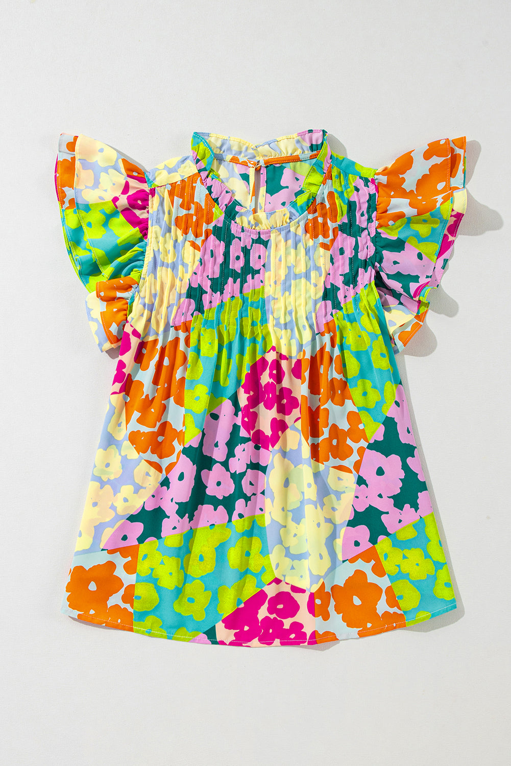 Abstract Leopard Pleated Flutter Sleeve Blouse
