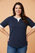 Plus Size Stripe Contrast Trim Ribbed T-Shirt