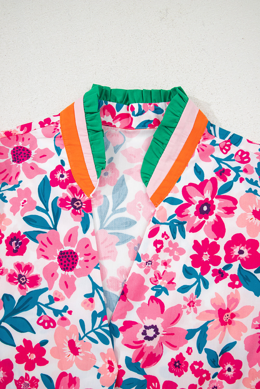 Floral Contrast Stripe Short Sleeve Blouse
