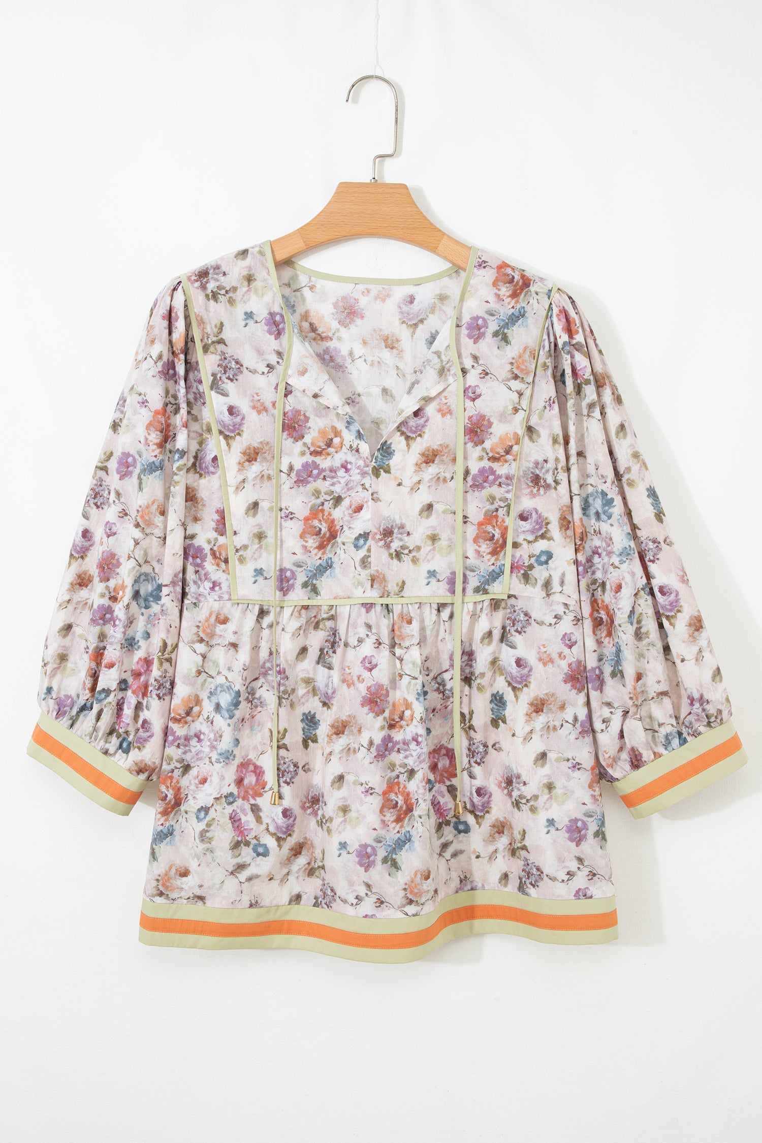 Plus Size Floral Stripe Contrast Trim Babydoll Blouse