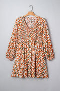 Plus Size Floral Long Sleeve V-Neck Babydoll Dress