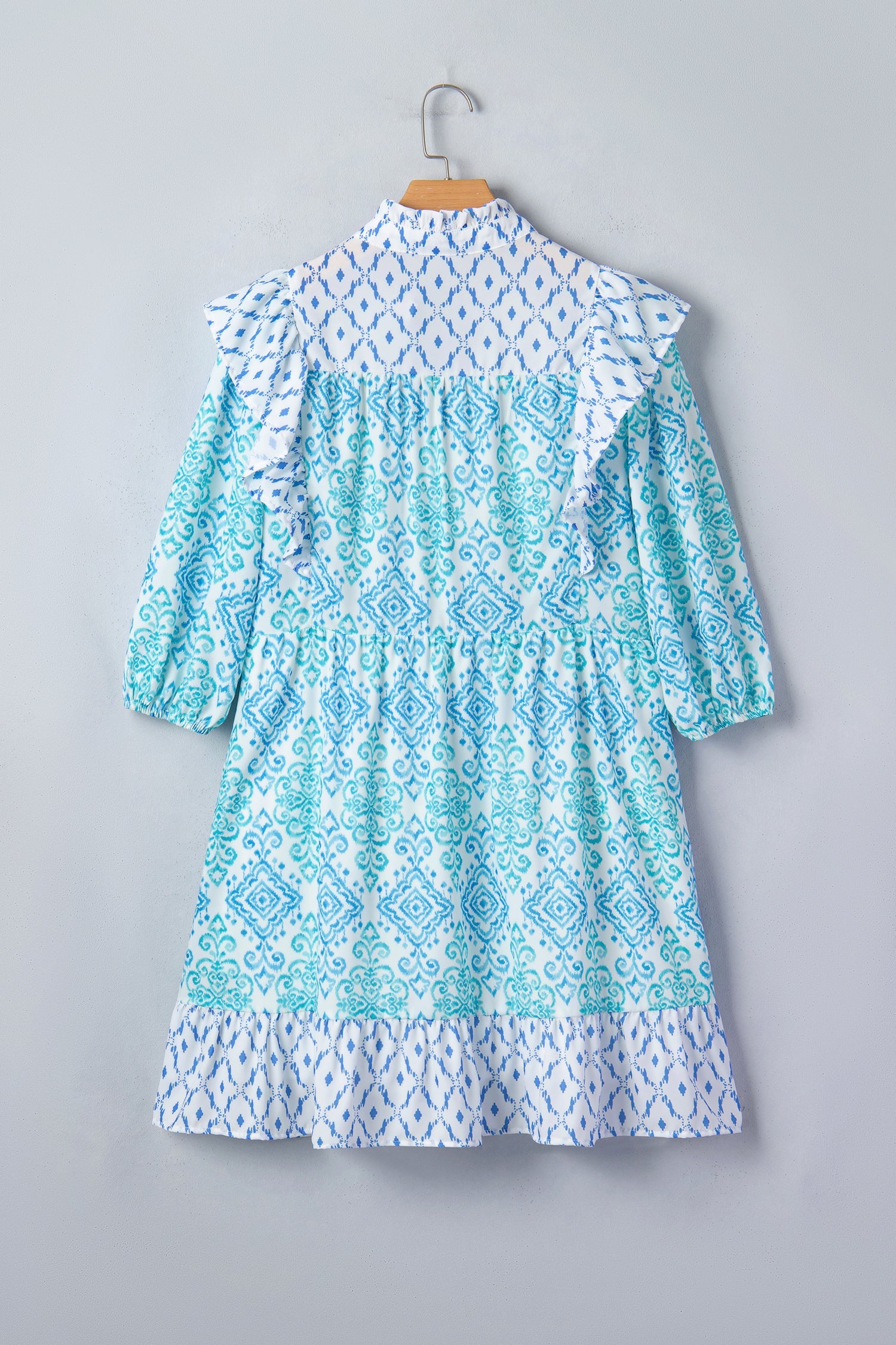 Boho Geometric Patchwork Ruffle Puff Sleeve Dress