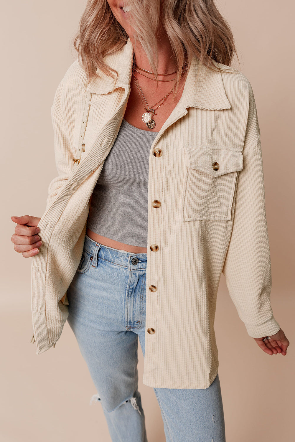 Solid Corduroy Button-Up Pocketed Shacket