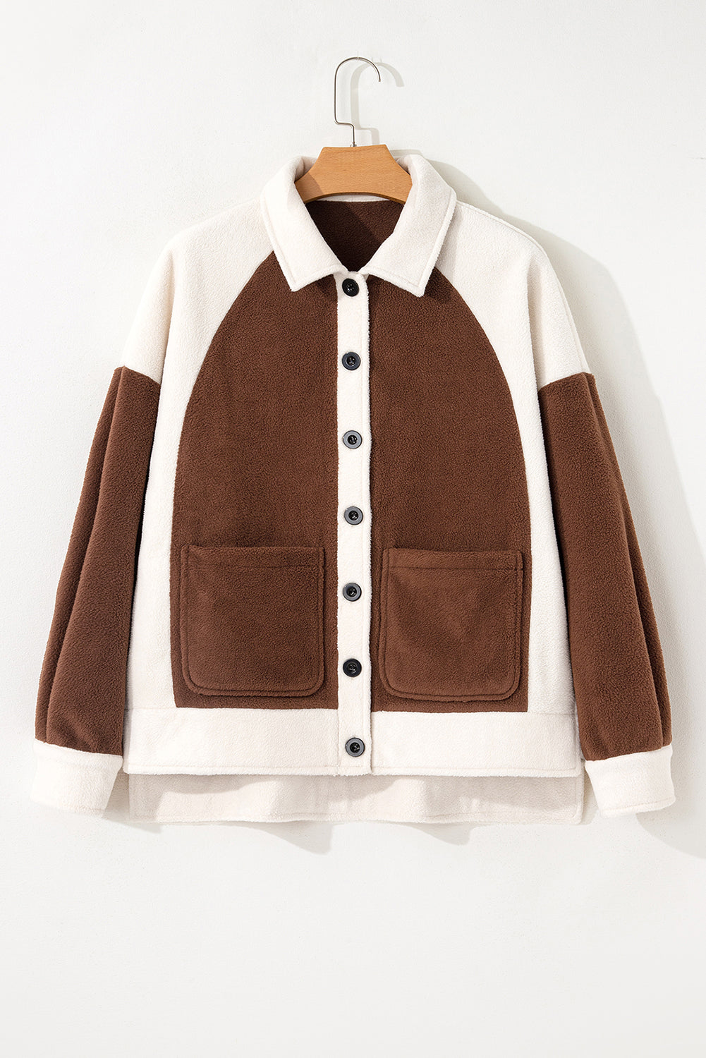 Colorblock Fleece Patchwork Button Down Shacket