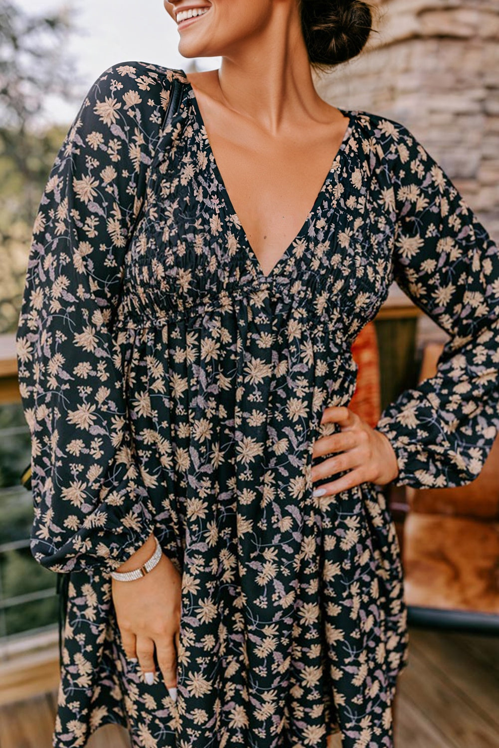Floral Smocked V-Neck Bubble Sleeve Babydoll Dress