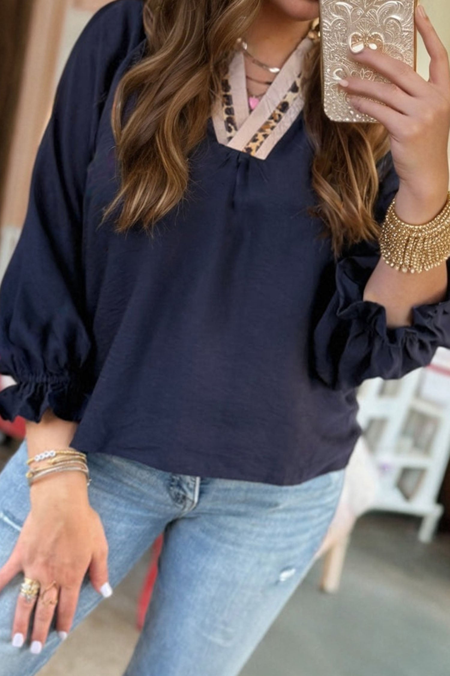 Plus Size Leopard Contrast Collar Long Sleeve Blouse