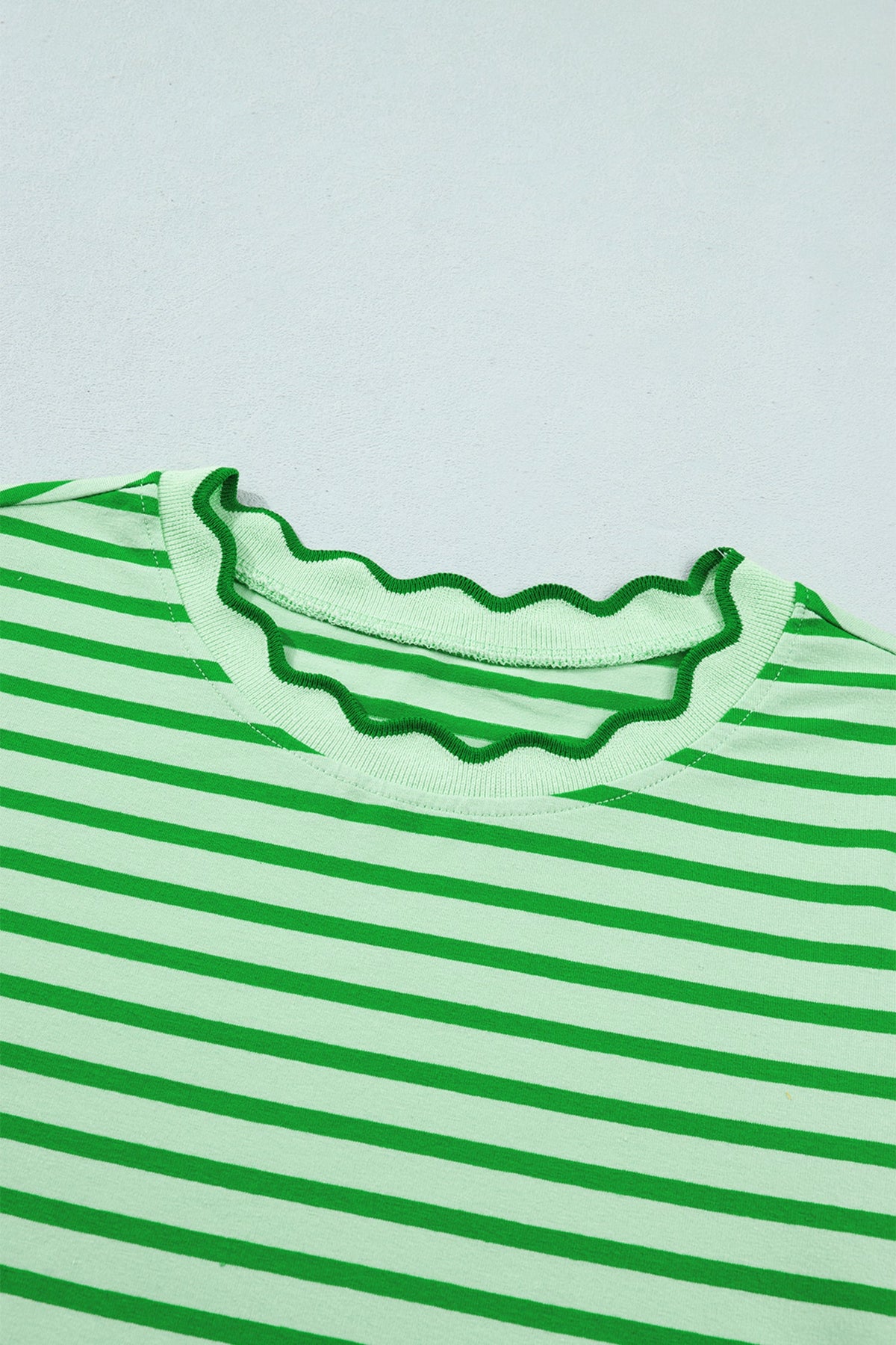Stripe Scallop Trim Round Neck T-Shirt