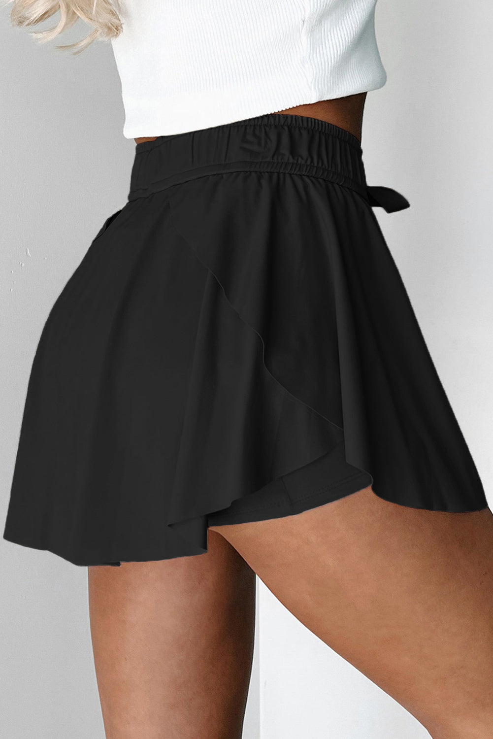 Solid Drawstring Elastic Waist Lined Tennis Skort