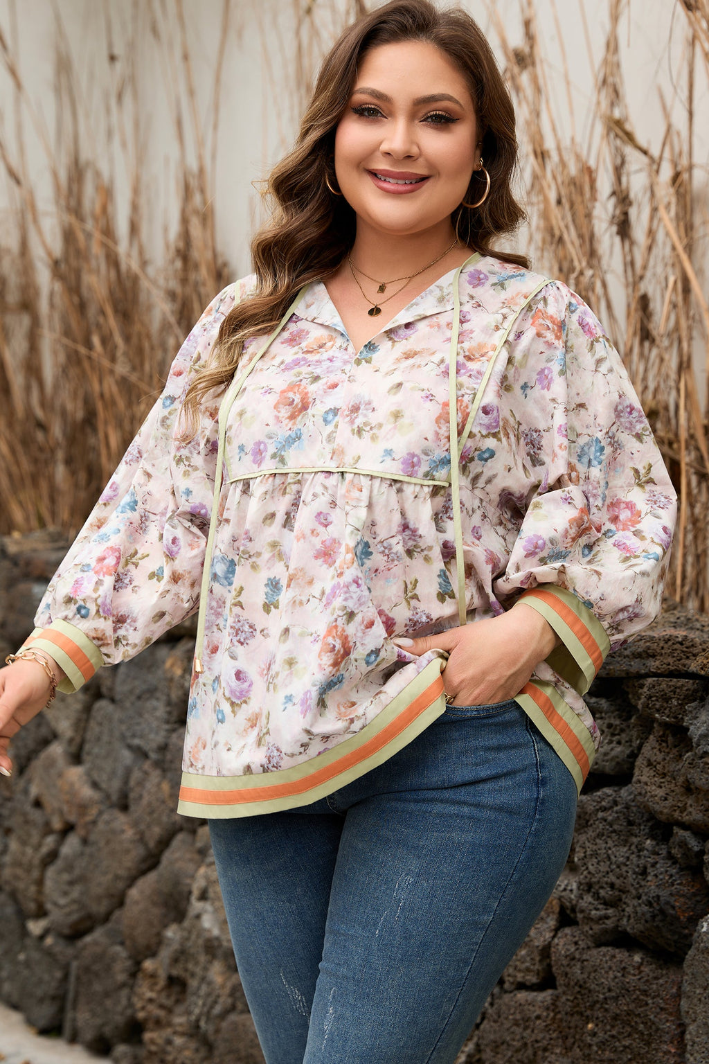 Plus Size Floral Stripe Contrast Trim Babydoll Blouse