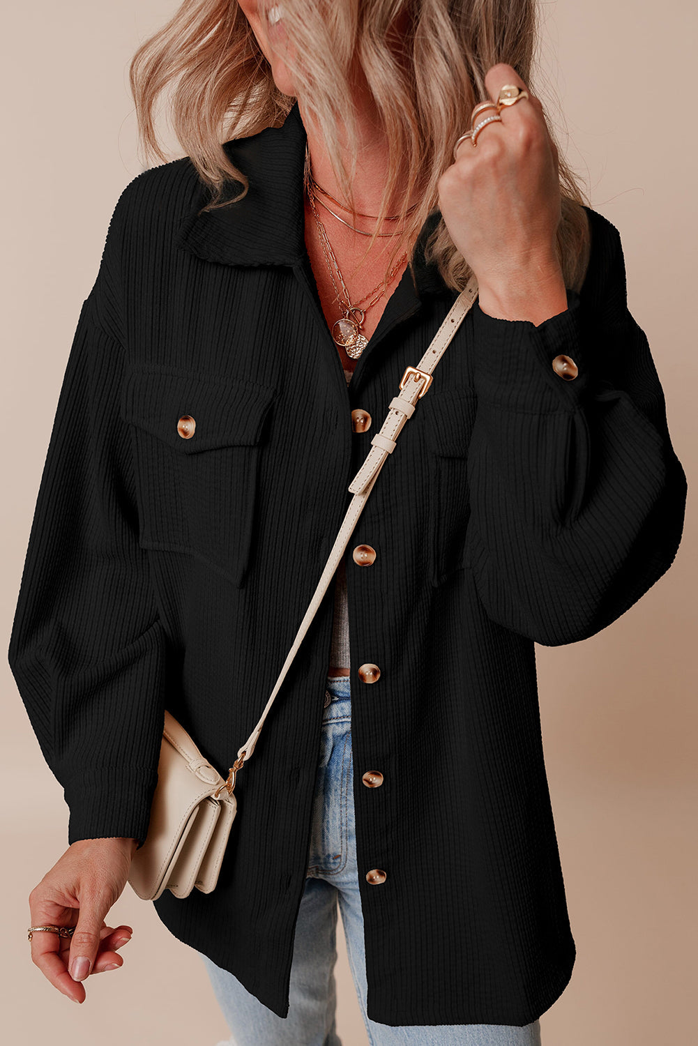 Solid Corduroy Button-Up Pocketed Shacket