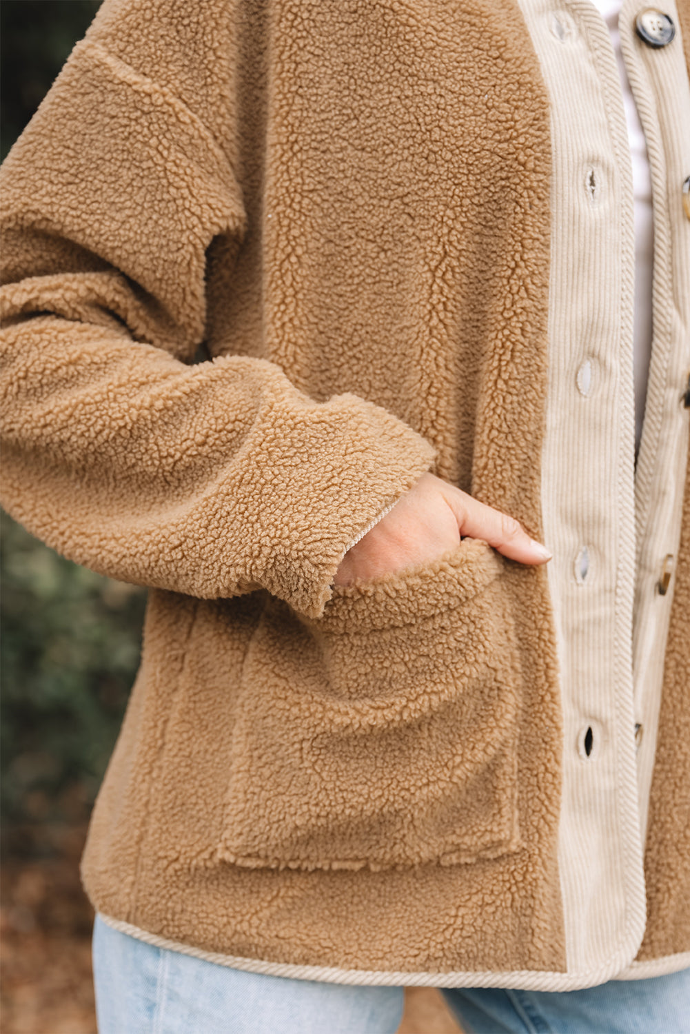Fleece Corduroy Patchwork Button Up Jacket