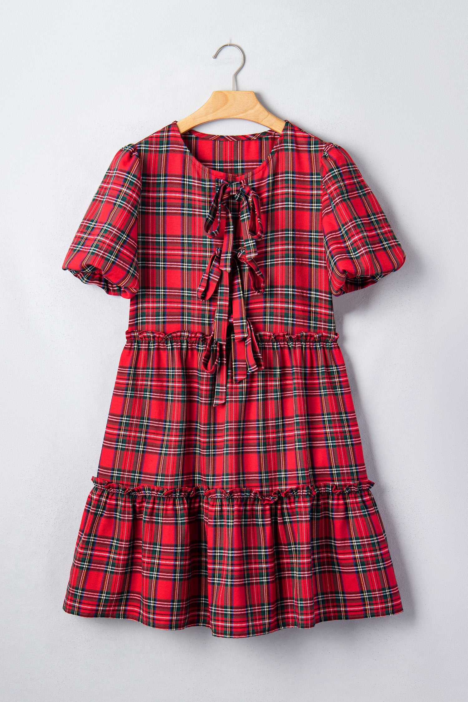 Plaid Bow Tie Neck Short Sleeve Ruffle Mini Dress