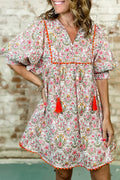 Floral Tassel Tie V-Neck Scalloped Trim Mini Dress
