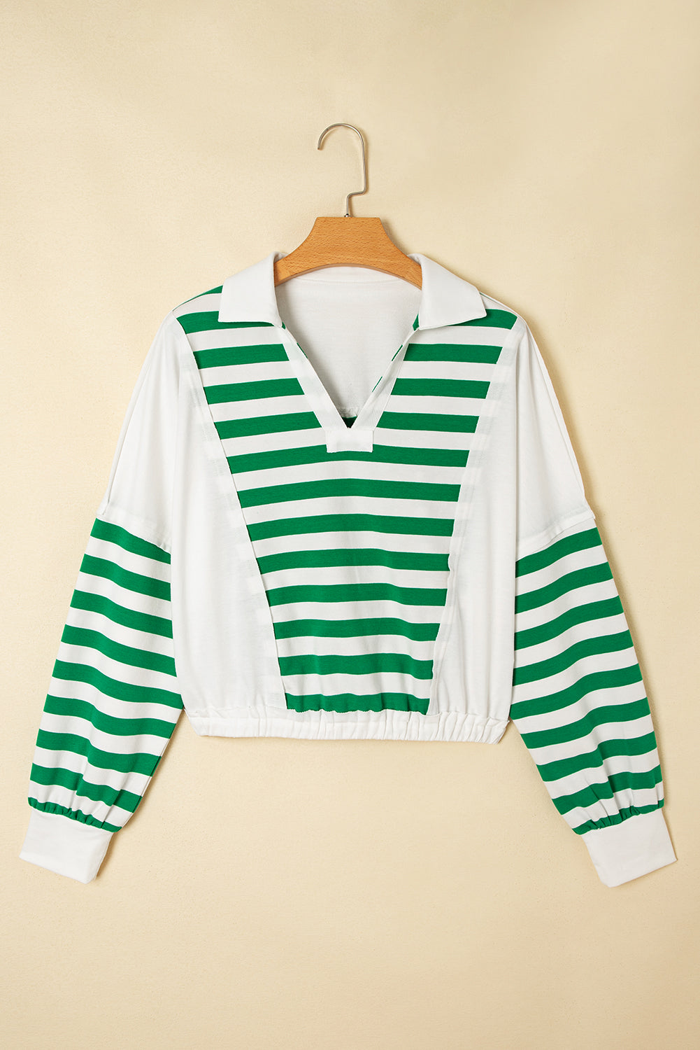 Stripe Colorblock Collared V-Neck Cropped Top