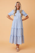 Stripe Bubble Short Sleeve Tiered Scallop Dress