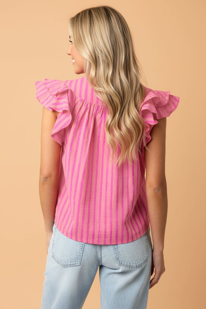 Stripe Split Neck Ruffle Sleeve Summer Blouse