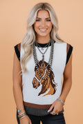 Western Horse Colorblock Trim Sleeveless Sweater Top
