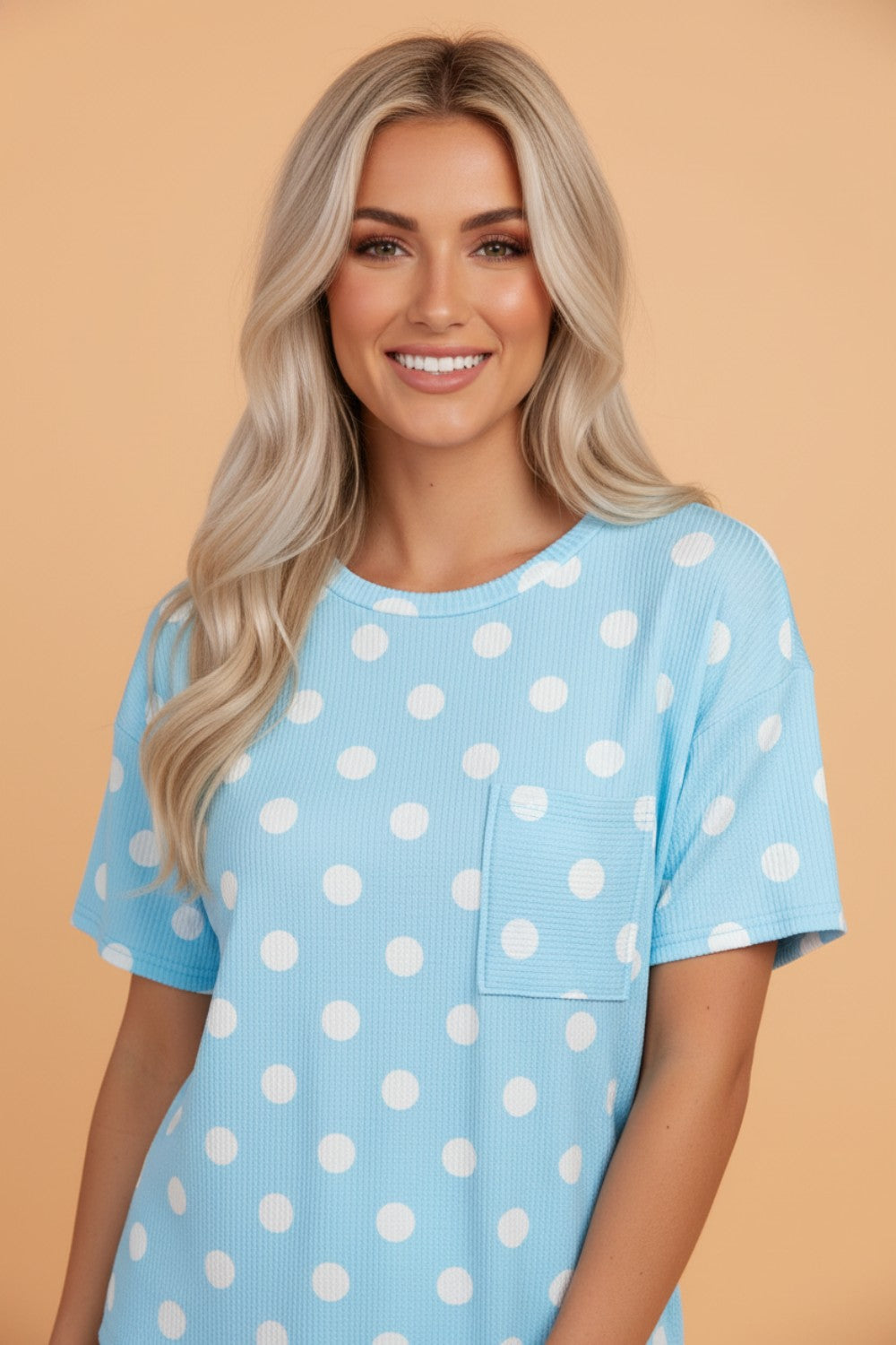 Polka Dot Patch Pocket Drop Shoulder Textured Top