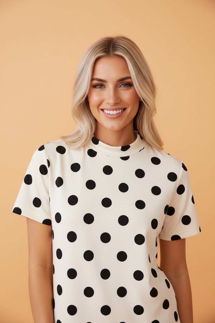 Polka Dot Mock Neck Dolman Sleeve Top