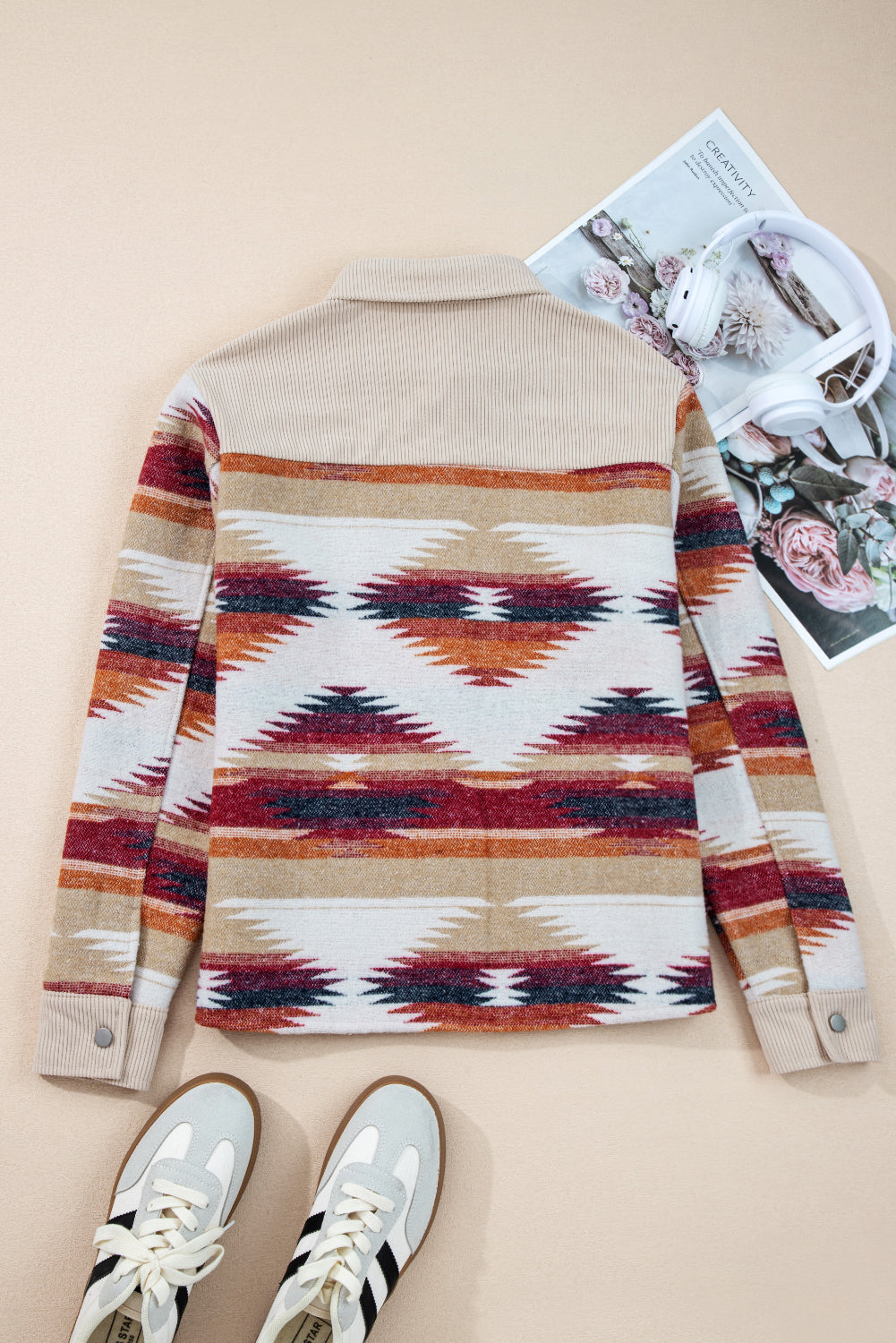 Western Aztec Corduroy Patchwork Pocketed Shacket