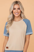 Colorblock Denim Patchwork Raglan Sleeve Tee