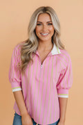 Stripe Half Zip Collared 3/4 Sleeve Blouse