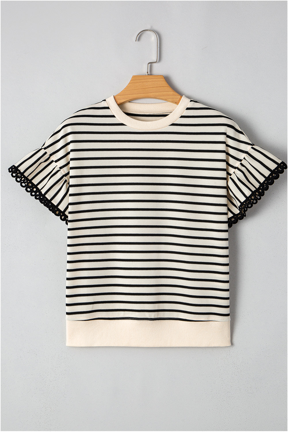 Stripe Scallop Lace Trim Ruffle Short Sleeve Top