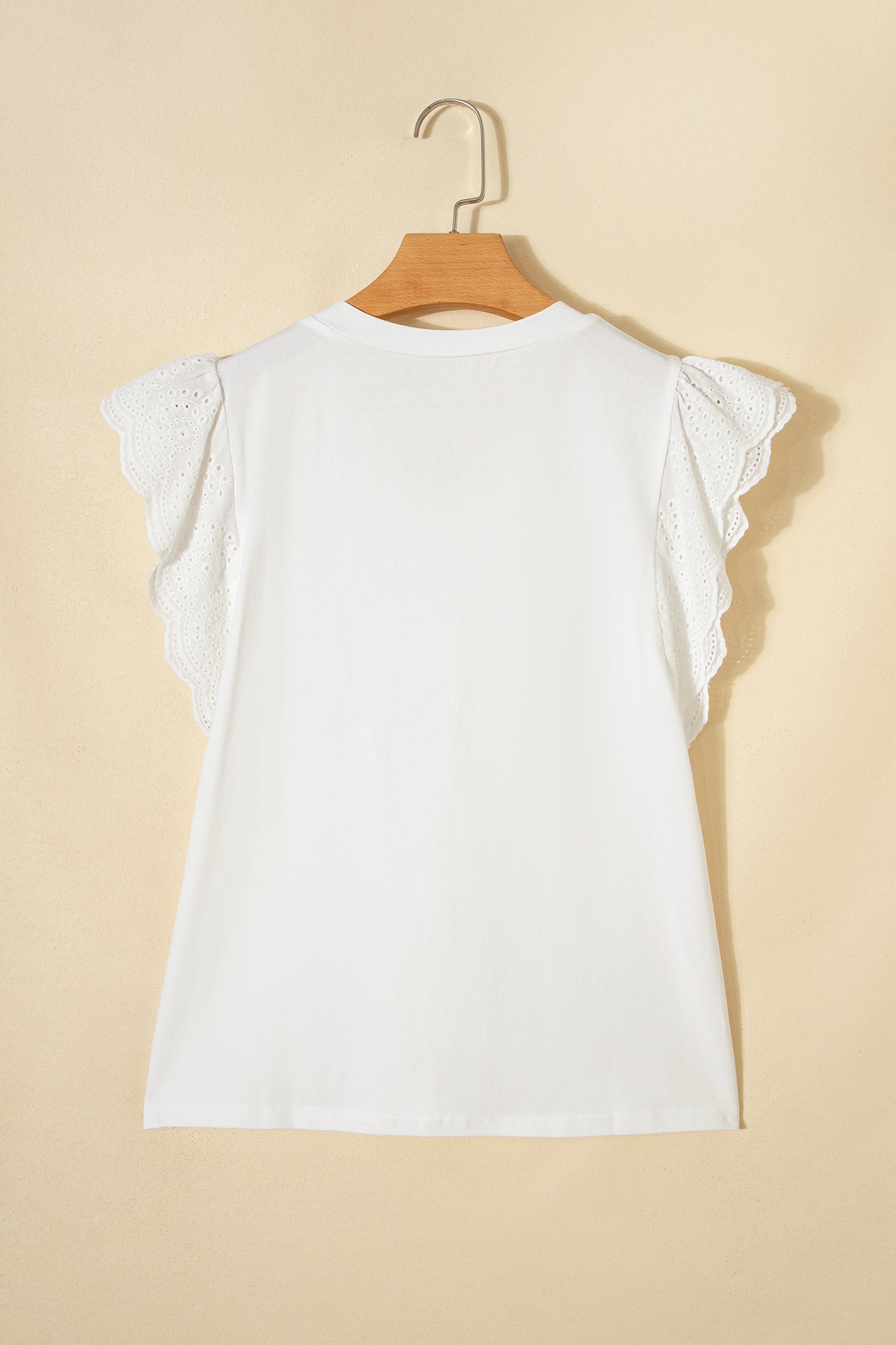 Eyelet Embroidered Flutter Sleeve Patchwork V-Neck Tee