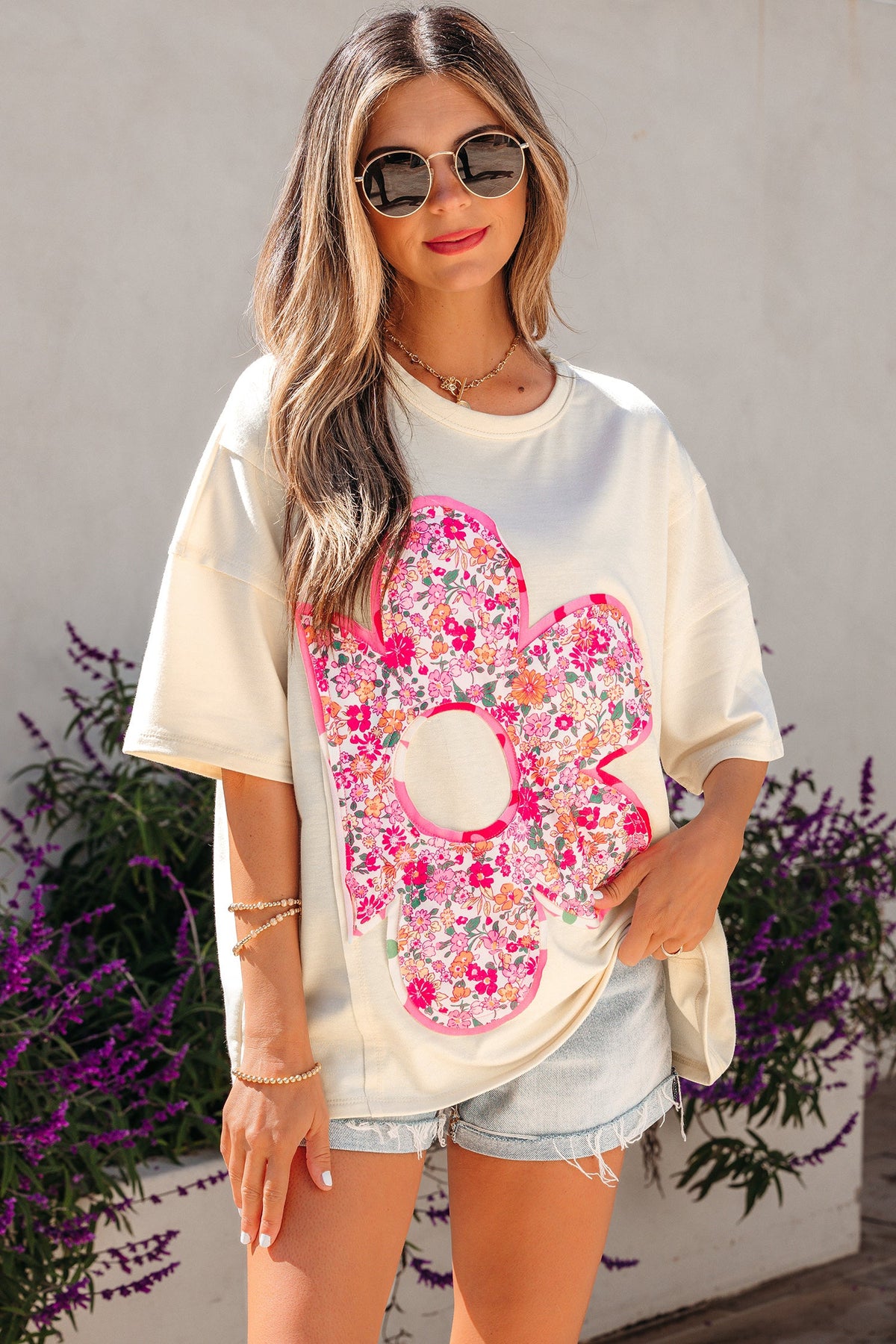 Floral Patchwork Raw Seam Oversize Tee