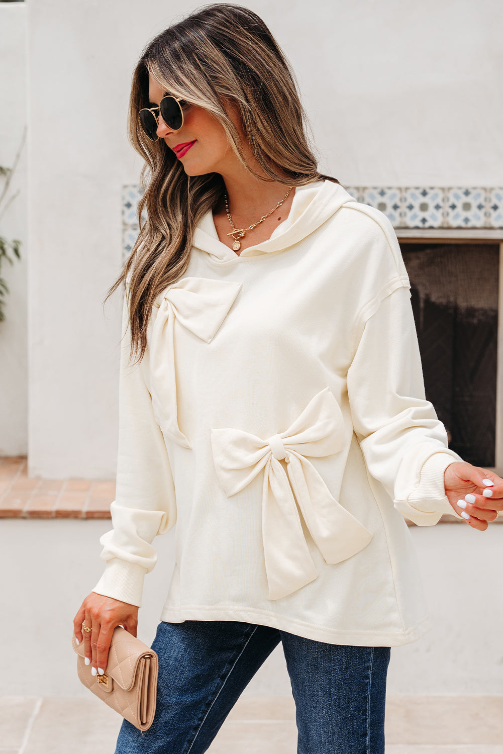 Solid Bow Tie Long Sleeve Hoodie