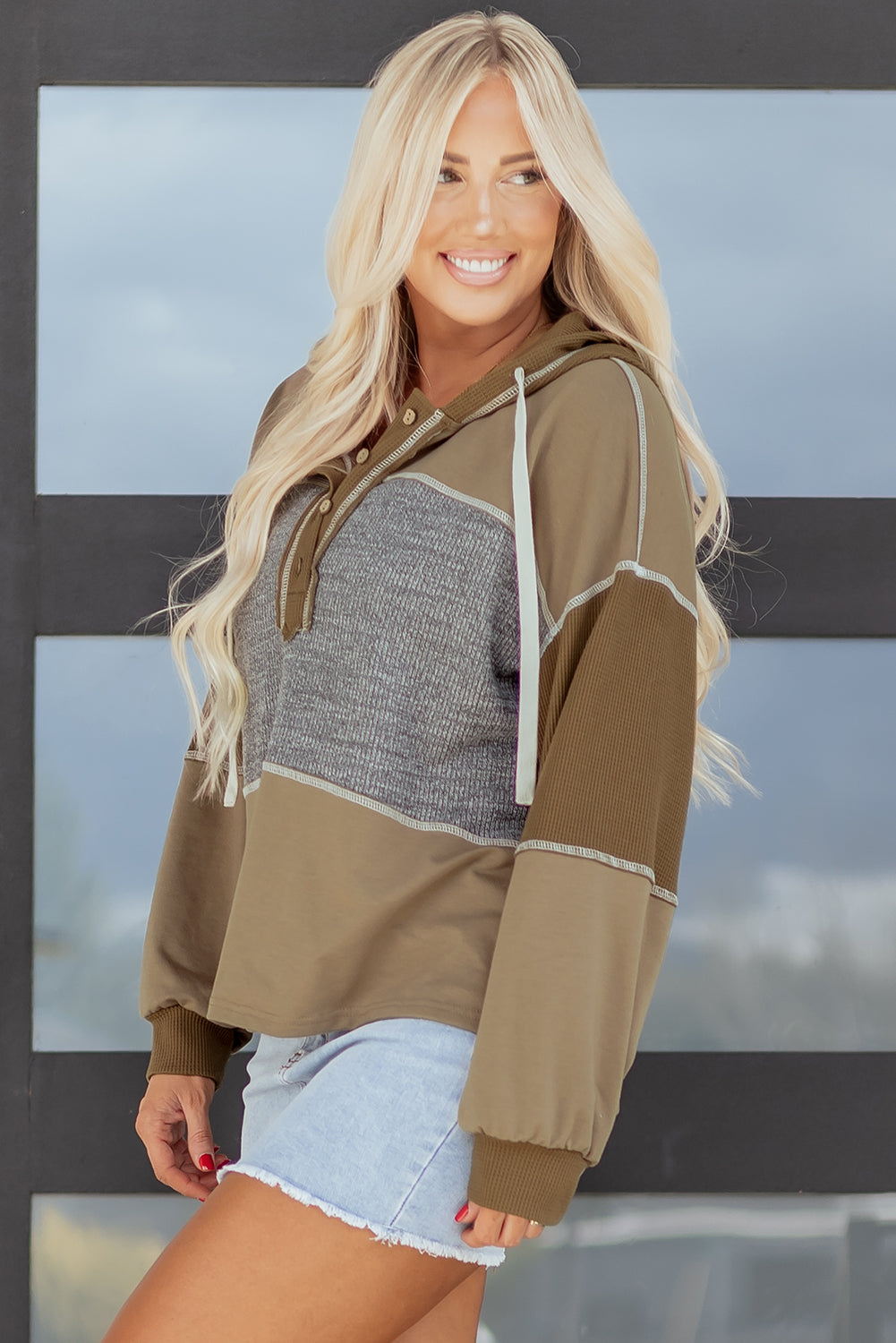 Waffle Knit Patchwork Buttoned Hooded Sweatshirt