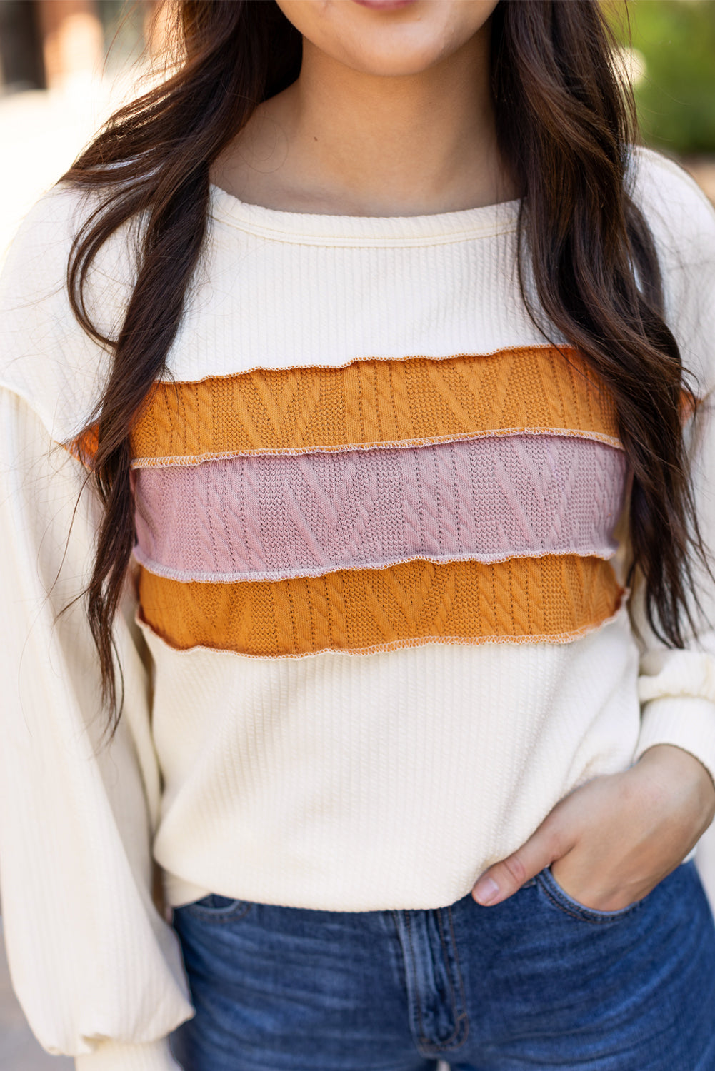 Corded Knit Reverse Seam Patchwork Drop Sleeve Top
